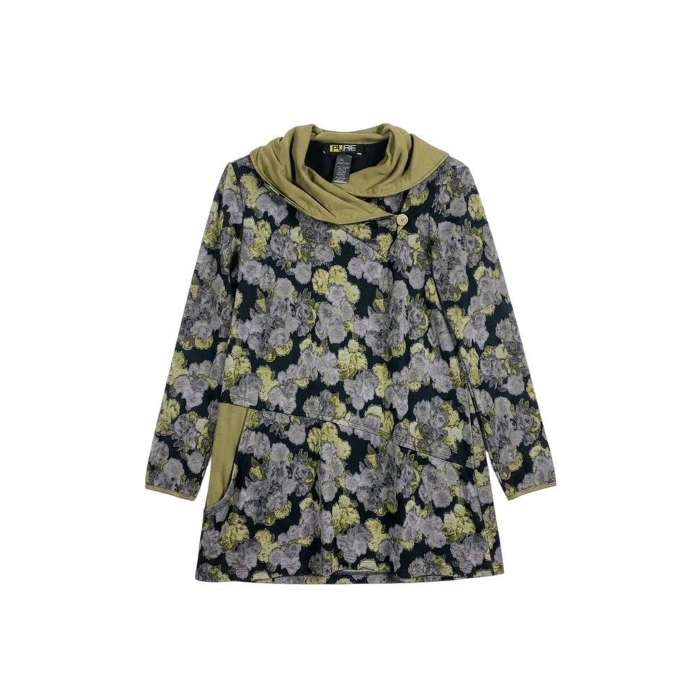 Pure Essence Tunic Women M Floral Cowl Neck Asymmetrical Button Green Purple EXC